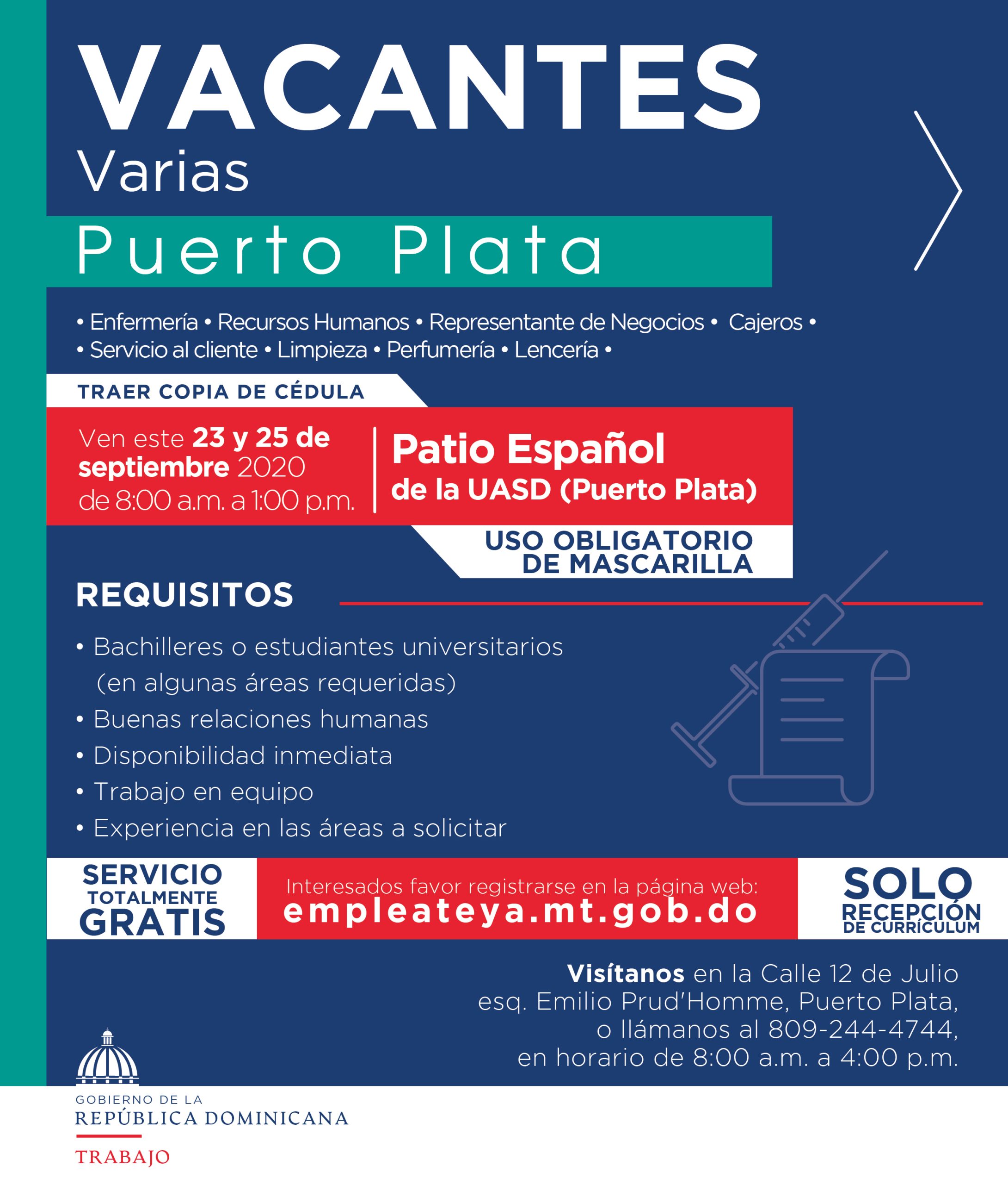 Dirección General de Empleo solicita interesados depositar currículum vitae para vacantes de empleo en Puerto Plata